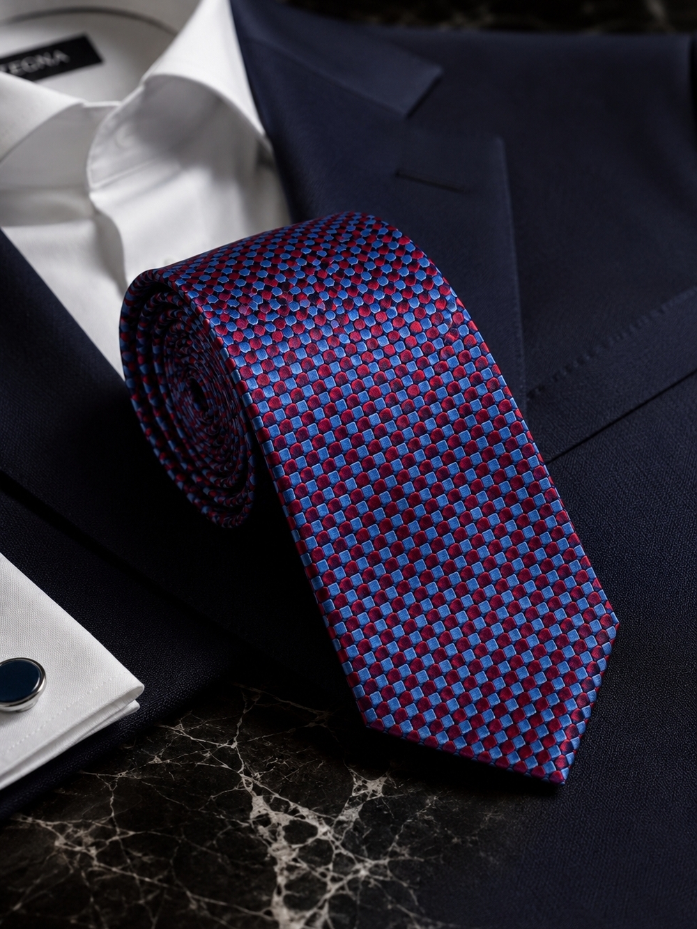 Ermenegildo Zegna Silk Geometric Tie Blue Red Handmade 4”
